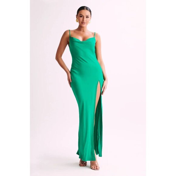 NWT MESHKI Jade Green Satin Cowl Neck Backless Maxi Slip Dress, Size XS - Picture 1 of 14
